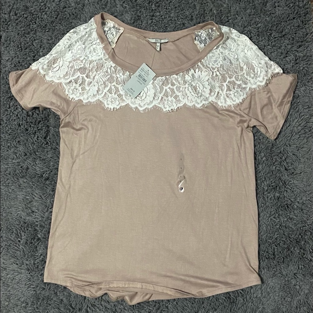 BKE Blouse tan with white lace NWT